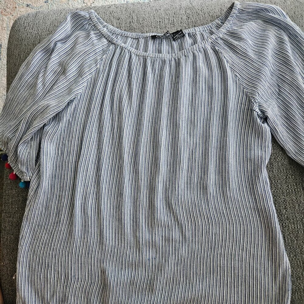 Striped Coastal Boho Nautical Pom Pom Blue White Oversize Blouse Tunic M - Picture 6 of 9